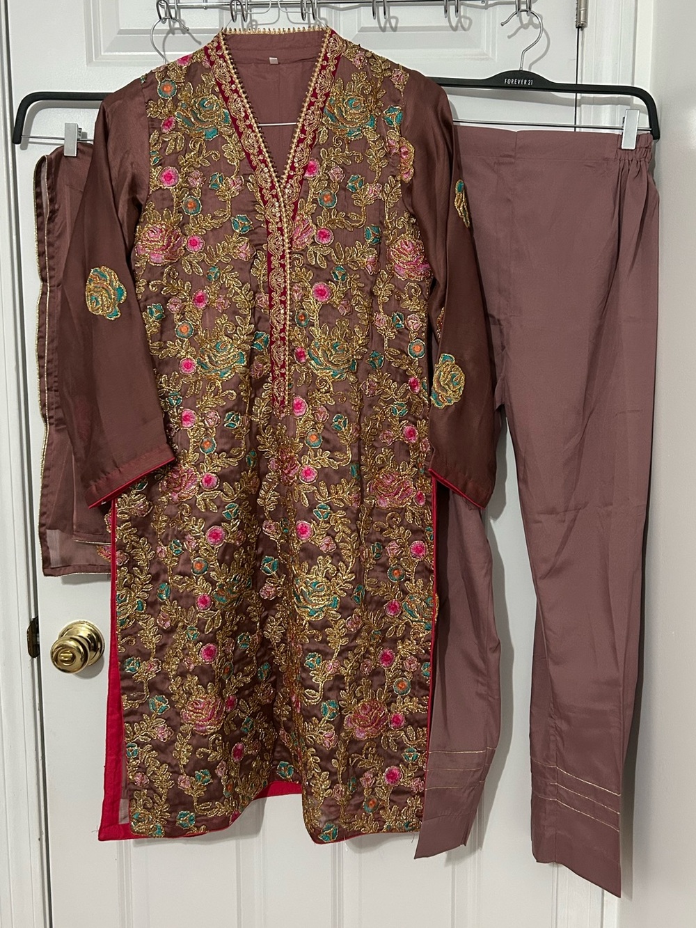3 piece stitched formal Pakistani suit in mauve purple heavy embroidery